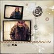 Snow fun digital scrapbook page - boy dressed for exploring woodshop buttons