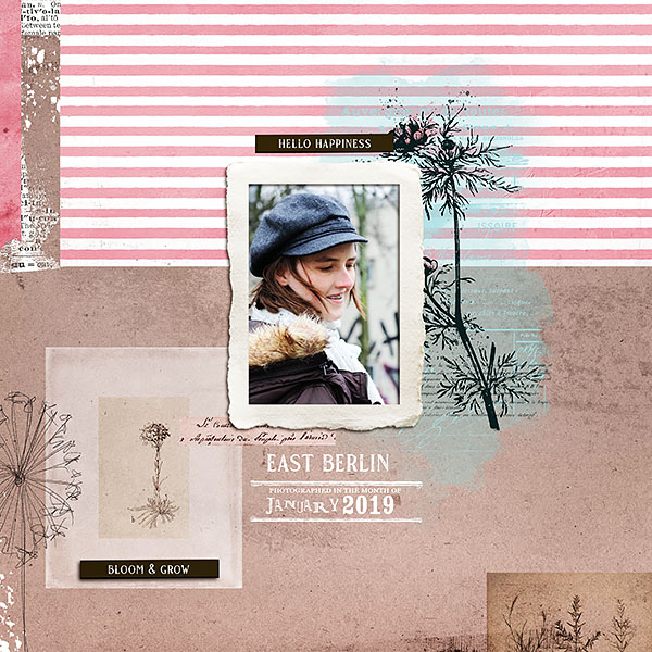 Digital Scrapbook layout using "Botanical Mix No1" collection by Lynn Grieveson