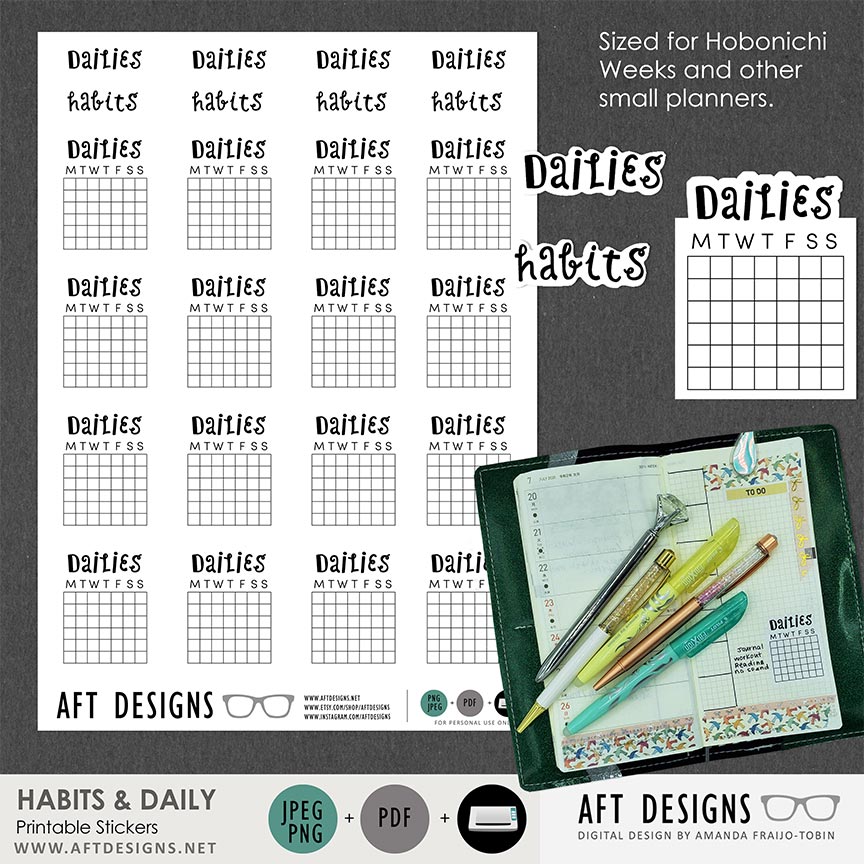 Stickers: Habits & Dailies #printable Hobonichi Weeks by AFT Designs -  Amanda Fraijo-Tobin @ScrapGirls.com