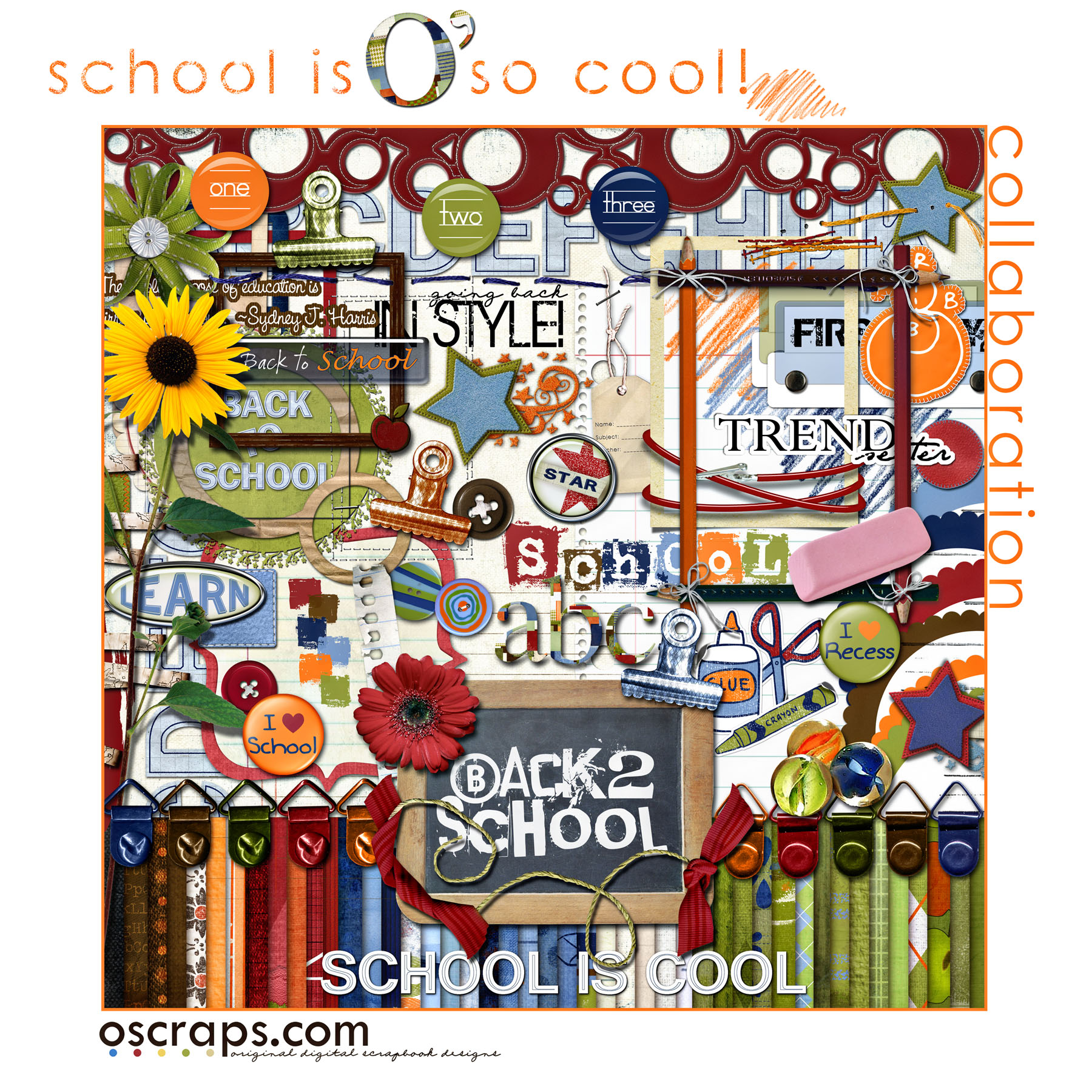 Oscraps School is O so Cool digital scrapbook collab kit preview