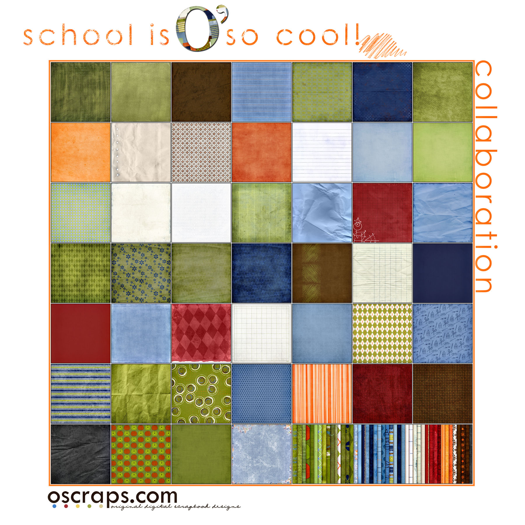 Oscraps School is O so Cool digital scrapbook collab kit papers