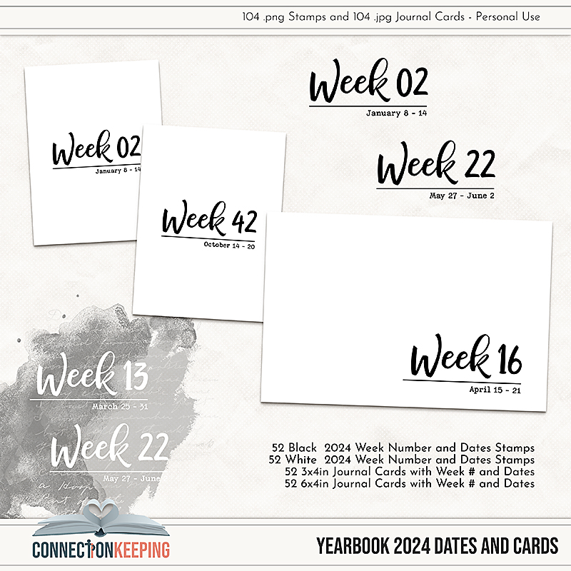 Digital Scrapbook Pack Yearbook 2024 Week Date Journal Cards and