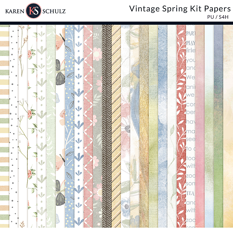 Vintage Spring Digital Scrapbook Paper Preview by Karen Schulz Designs