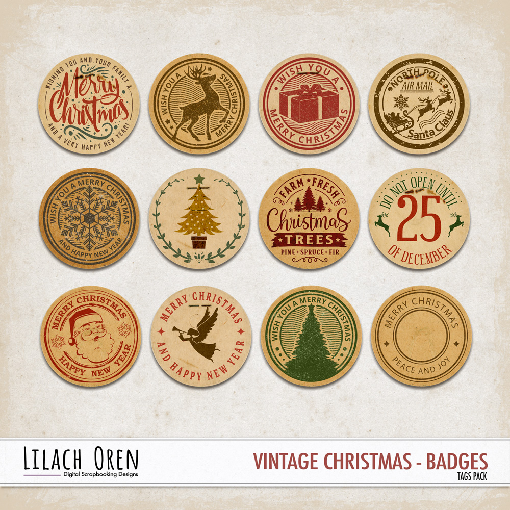 Digital Scrapbook Pack, Vintage Christmas Badges by Lilach Oren