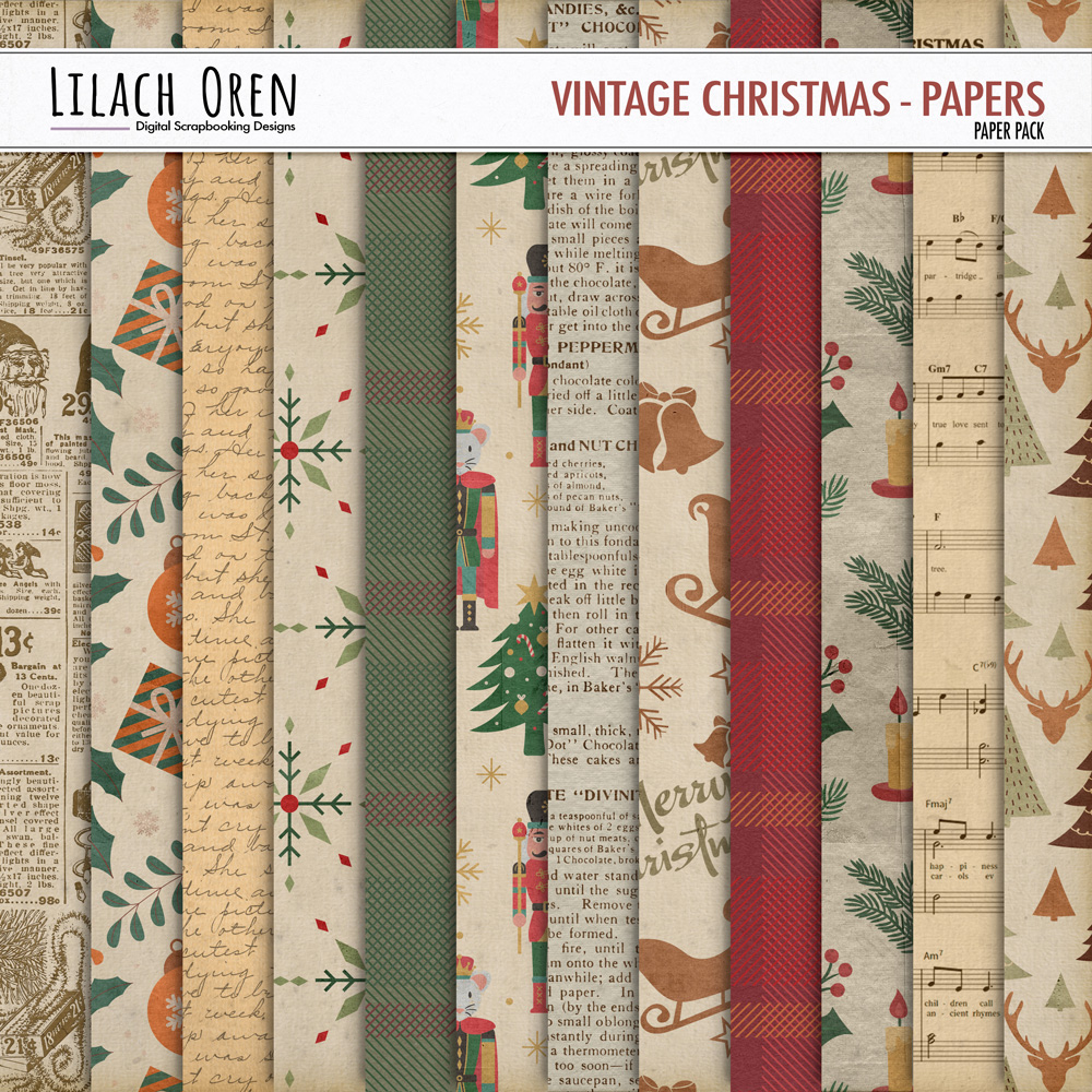 Digital Scrapbook Pack, Vintage Christmas Pattern Papers by Lilach Oren