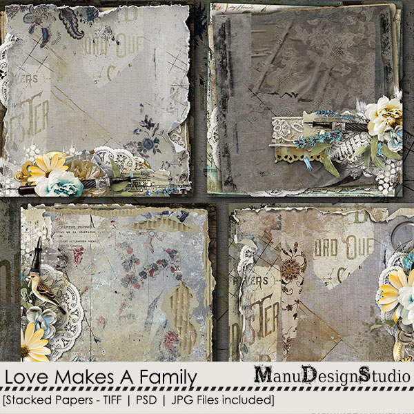 Love Makes A Family Digital Scrapbook Stacked Papers Preview by Manu Design Studio