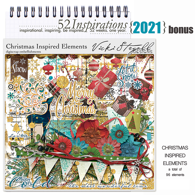 52 Inspirations 2021 BONUS Christmas Inspired Scrapbook elements by Vicki Stegall