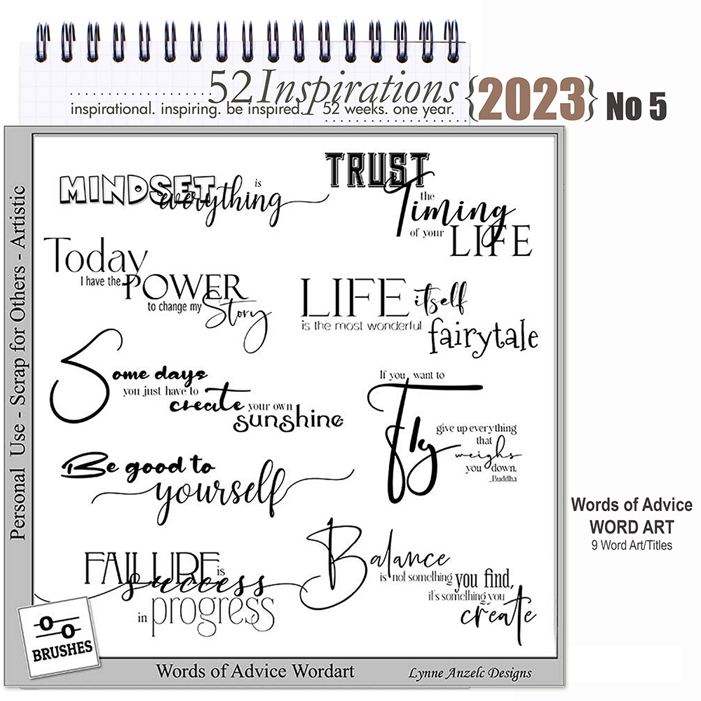 52 Inspirations 2023 No 05 Words of Advice Scrapbook Titles by Lynne Anzelc Designs