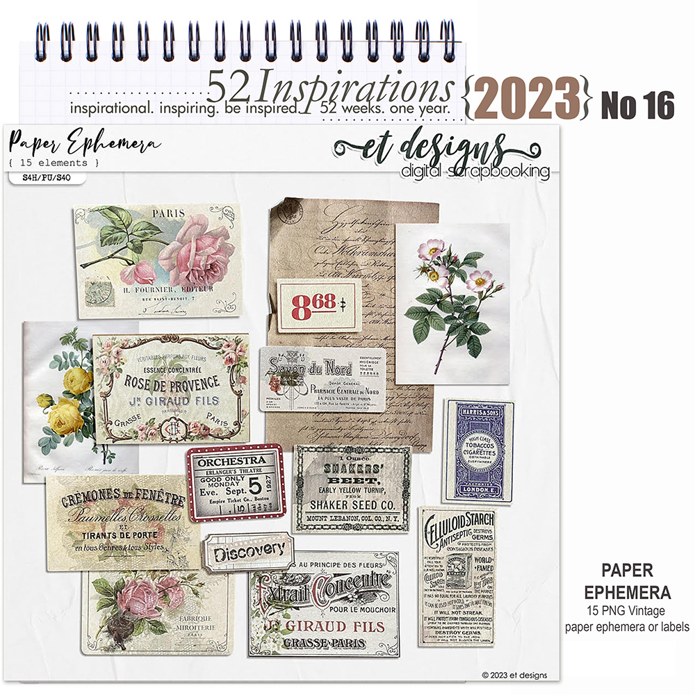 Digital Scrapbooking Paper Ephemera for 52 Inspirations 2023 No 16 by et  designs