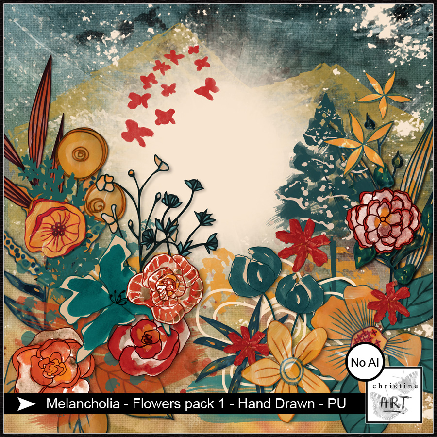 Melancholia Flowers pack 1 Elements hand drawn by Christine Art 