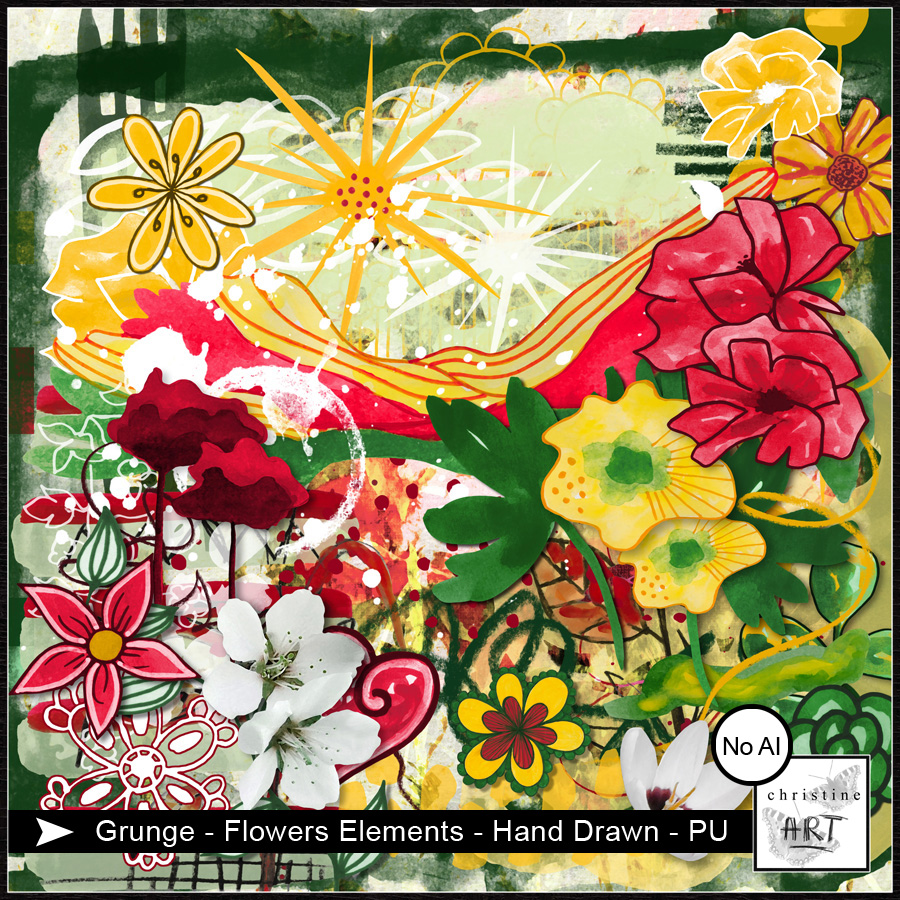 Grunge Flowers Elements hand drawn by Christine Art 