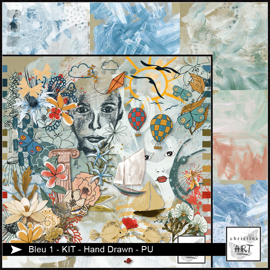 Bleu 1 Kit hand drawn by Christine Art 