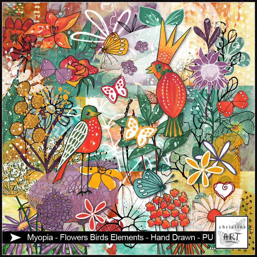 Myopia Flowers and Birds Elements hand drawn by Christine Art 