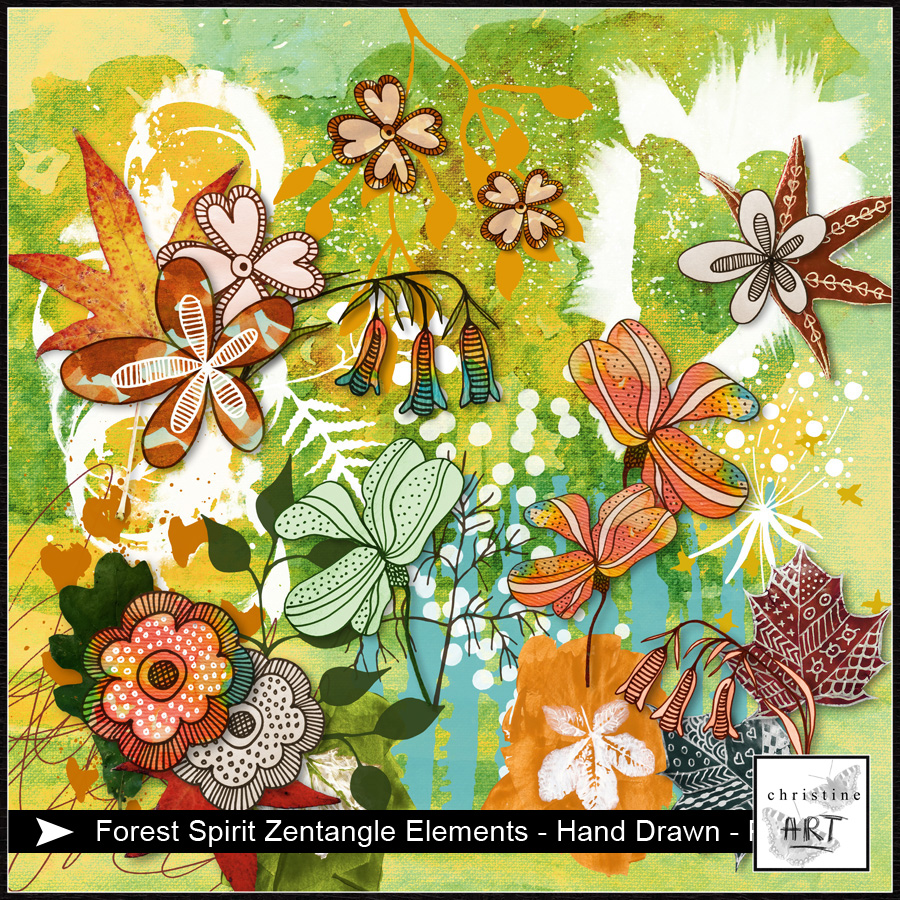 Forest Spirit Zentangle Elements hand drawn by Christine Art 
