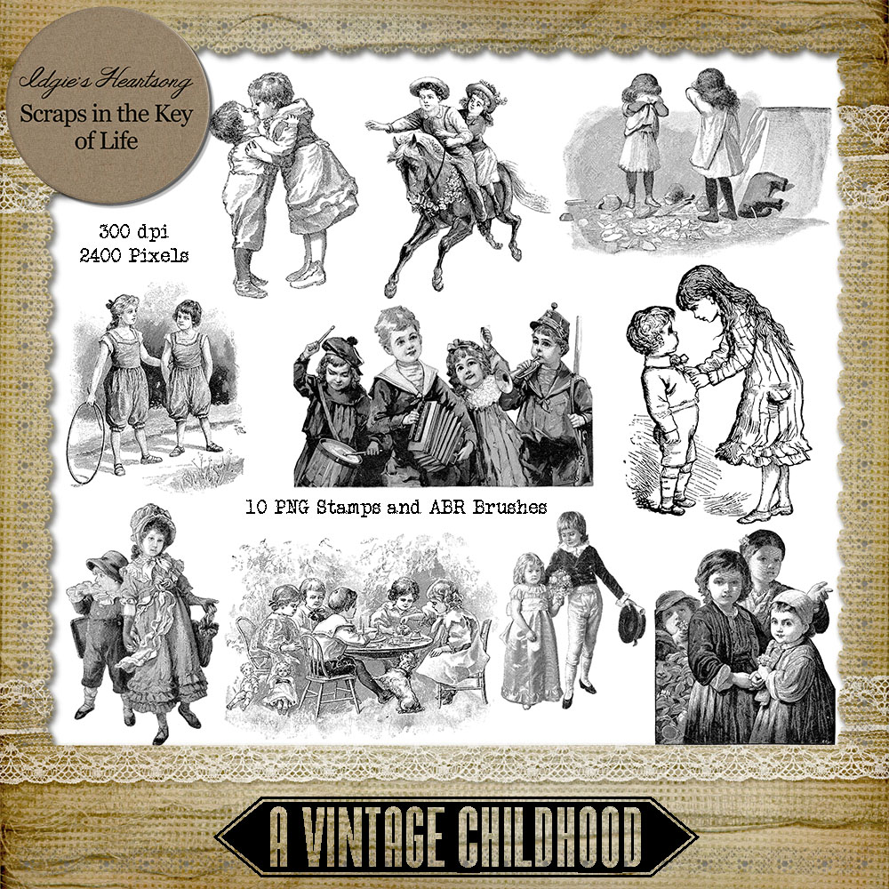 A Vintage Childhood - Set 2 - 10 PNG Stamps and ABR Brushes by Idgie's Heartsong