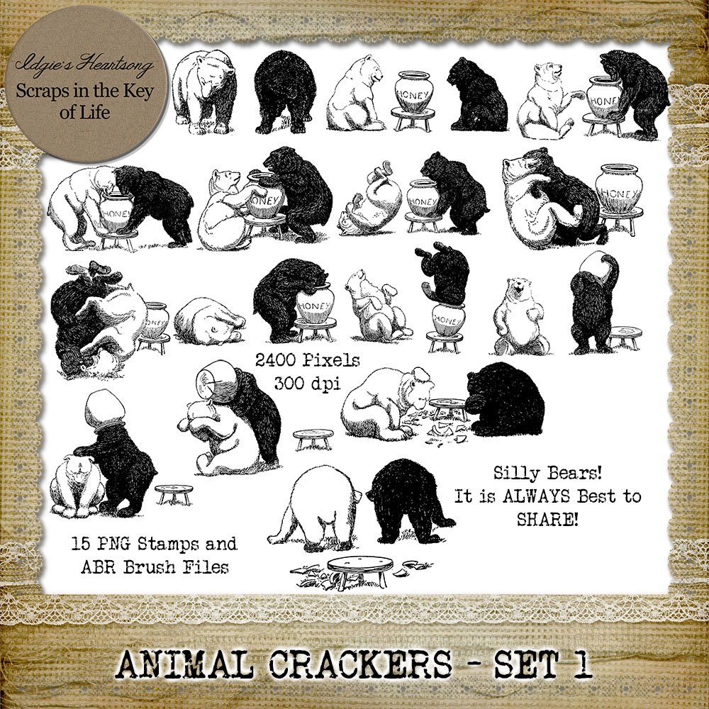 ANIMAL CRACKERS - Set 1 - 15 PNG Stamps and ABR Brushes by Idgie's Heartsong