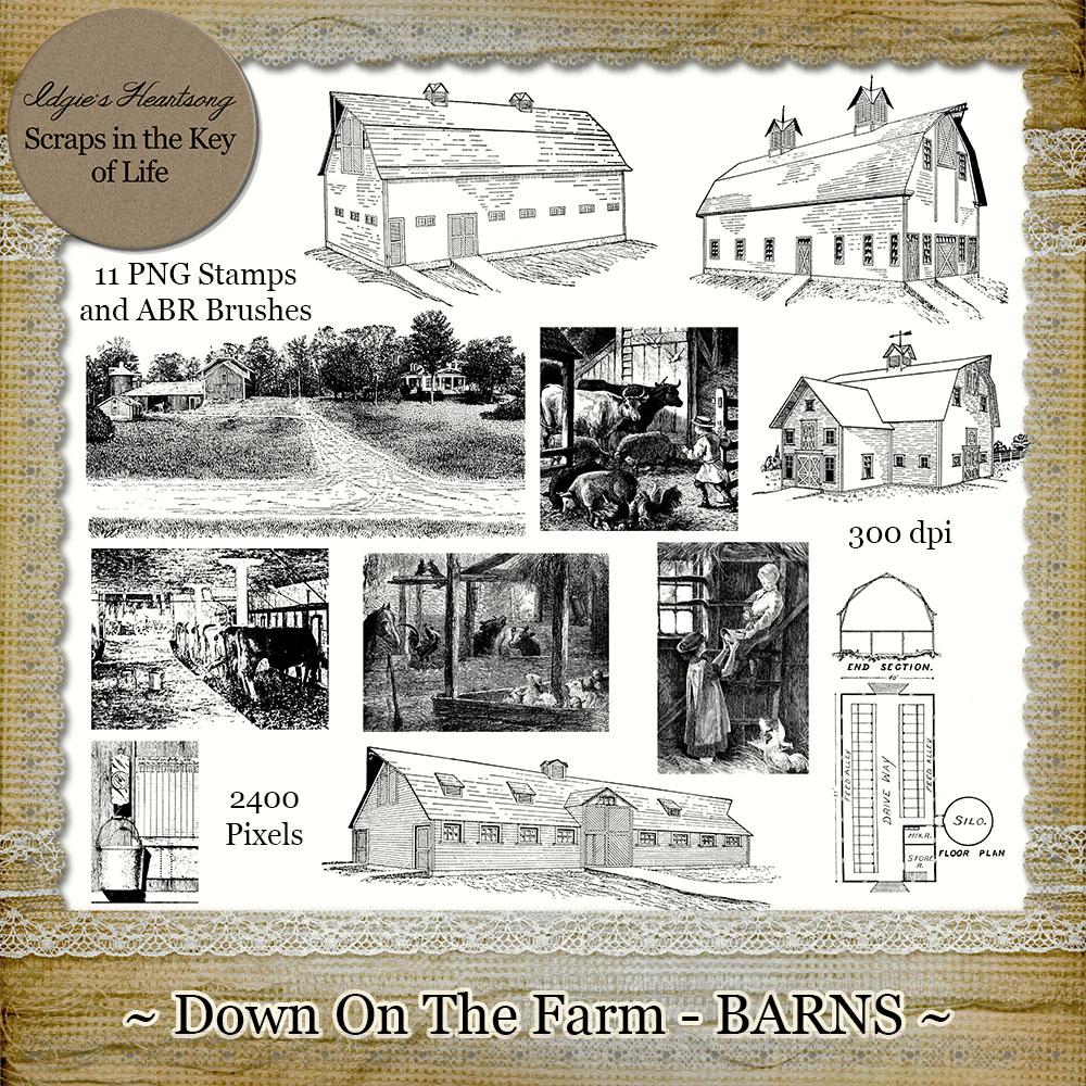 Down On The Farm - BARNS - 11 PNG Stamps and ABR Brush Files by Idgie's Heartsong