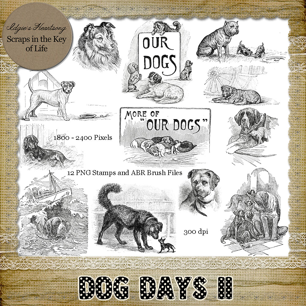 DOG DAYS II - 12 PNG Stamps and ABR Brush Files by Idgie's Heartsong