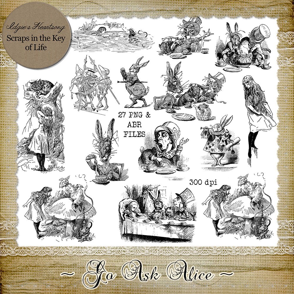 Go Ask Alice - 27 PNG Stamps With ABR Files by Idgie's Heartsong