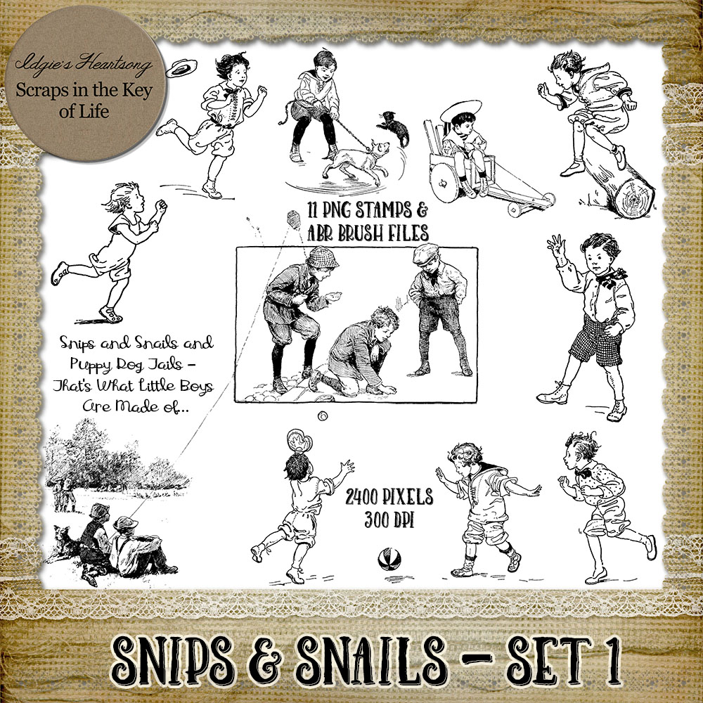 SNIPS & SNAILS - Set 1 - 11 PNG Stamps and ABR Brushes by Idgie's Heartsong