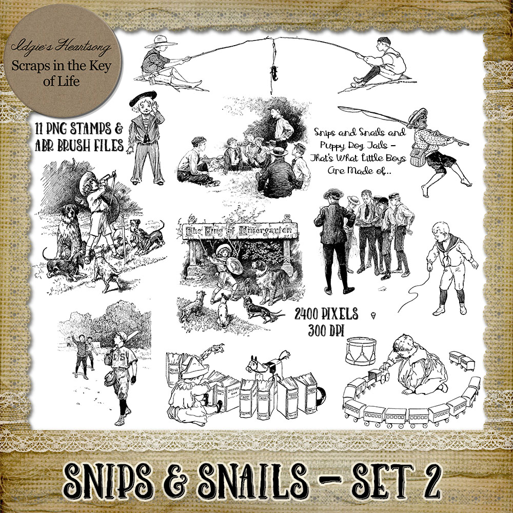 SNIPS & SNAILS - Set 2 - 11 PNG Stamps and ABR Brushes by Idgie's Heartsong