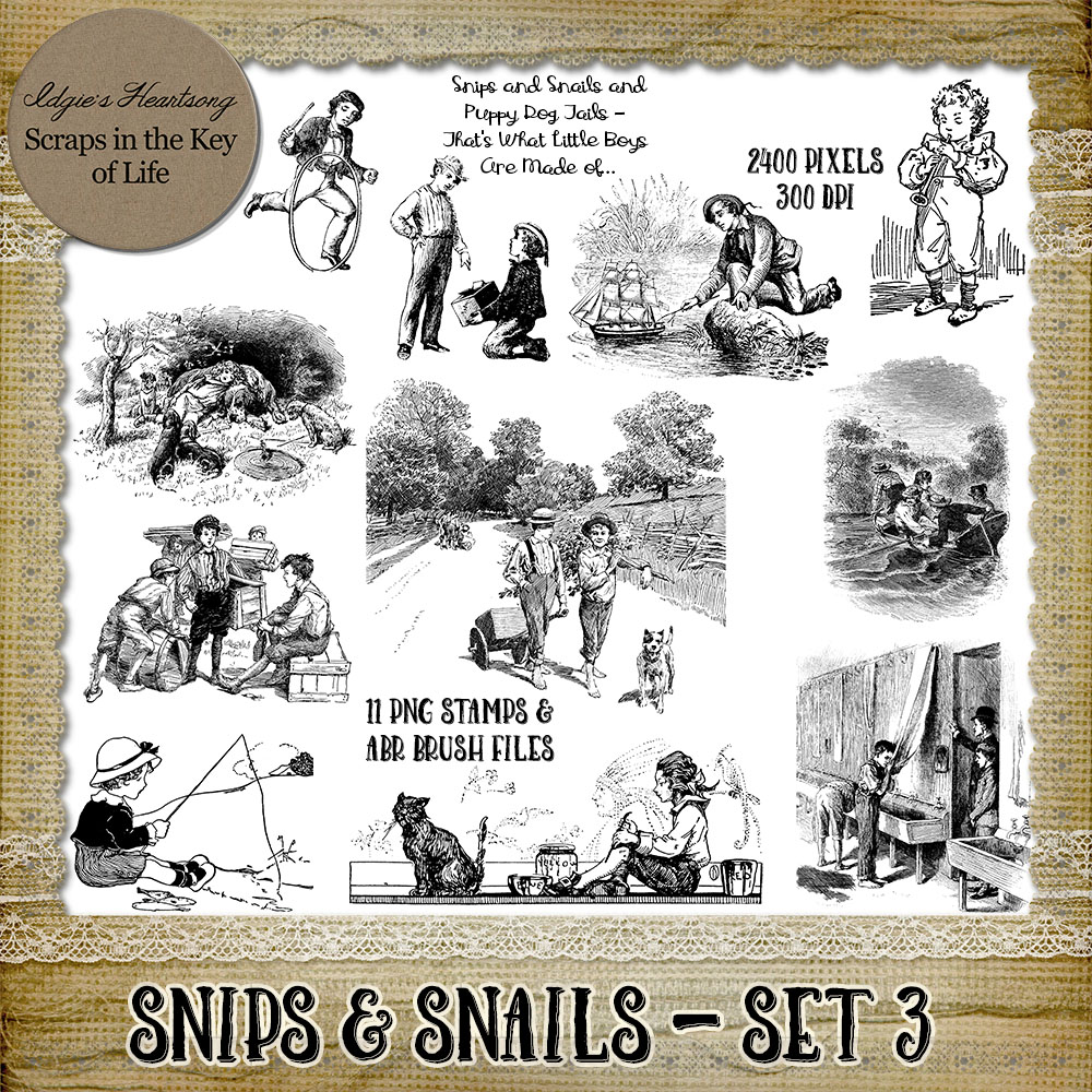 SNIPS & SNAILS - Set 3 - 11 PNG Stamps and ABR Brushes by Idgie's Heartsong