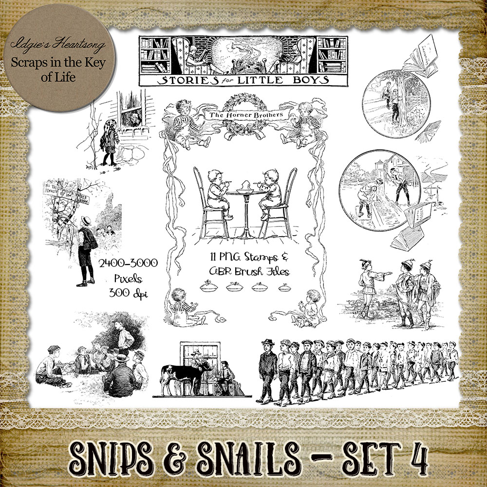SNIPS & SNAILS - Set 4 - 11 PNG Stamps and ABR Brushes by Idgie's Heartsong