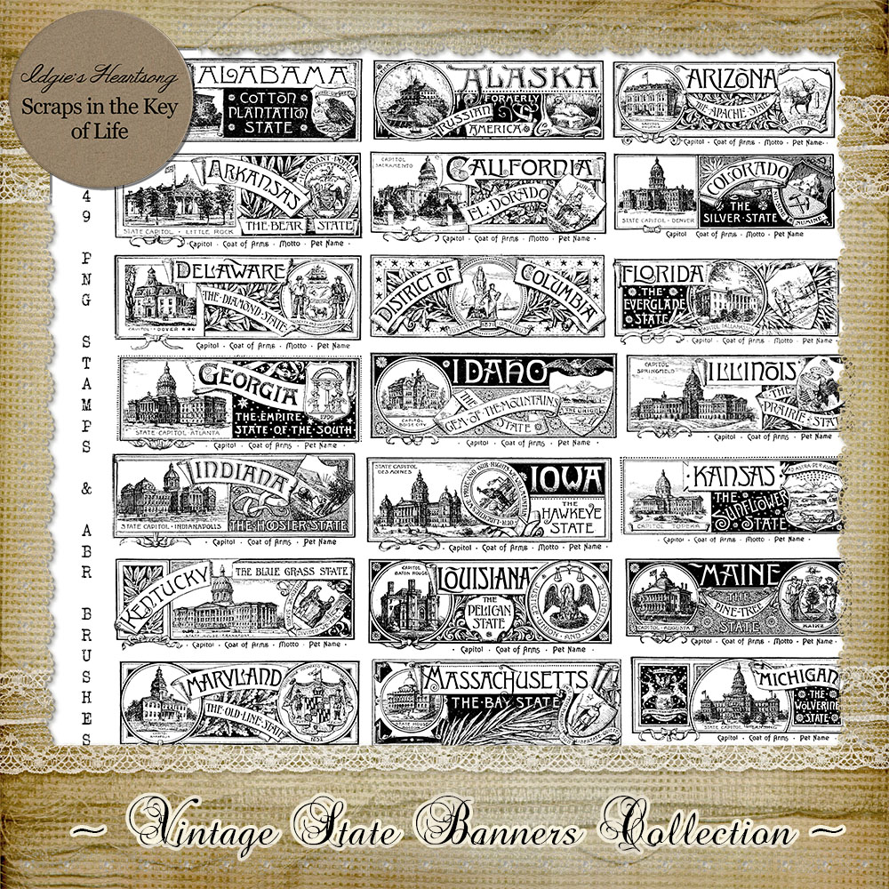 49 Vintage State Banners - PNG Stamps and ABR Brush Collection by Idgie's Heartsong