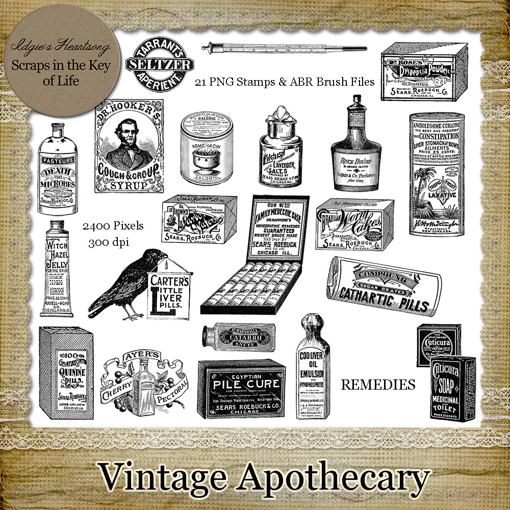 Vintage Apothecary - 21 PNG Stamps and ABR Brushes by Idgie's Heartsong