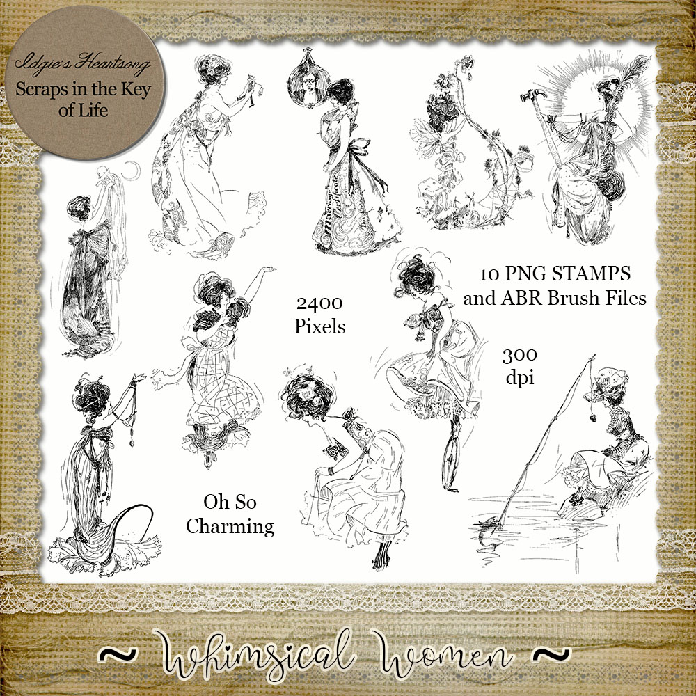 WHIMSICAL WOMEN I - 10 PNG Stamps and ABR Brush Files by Idgie's Heartsong