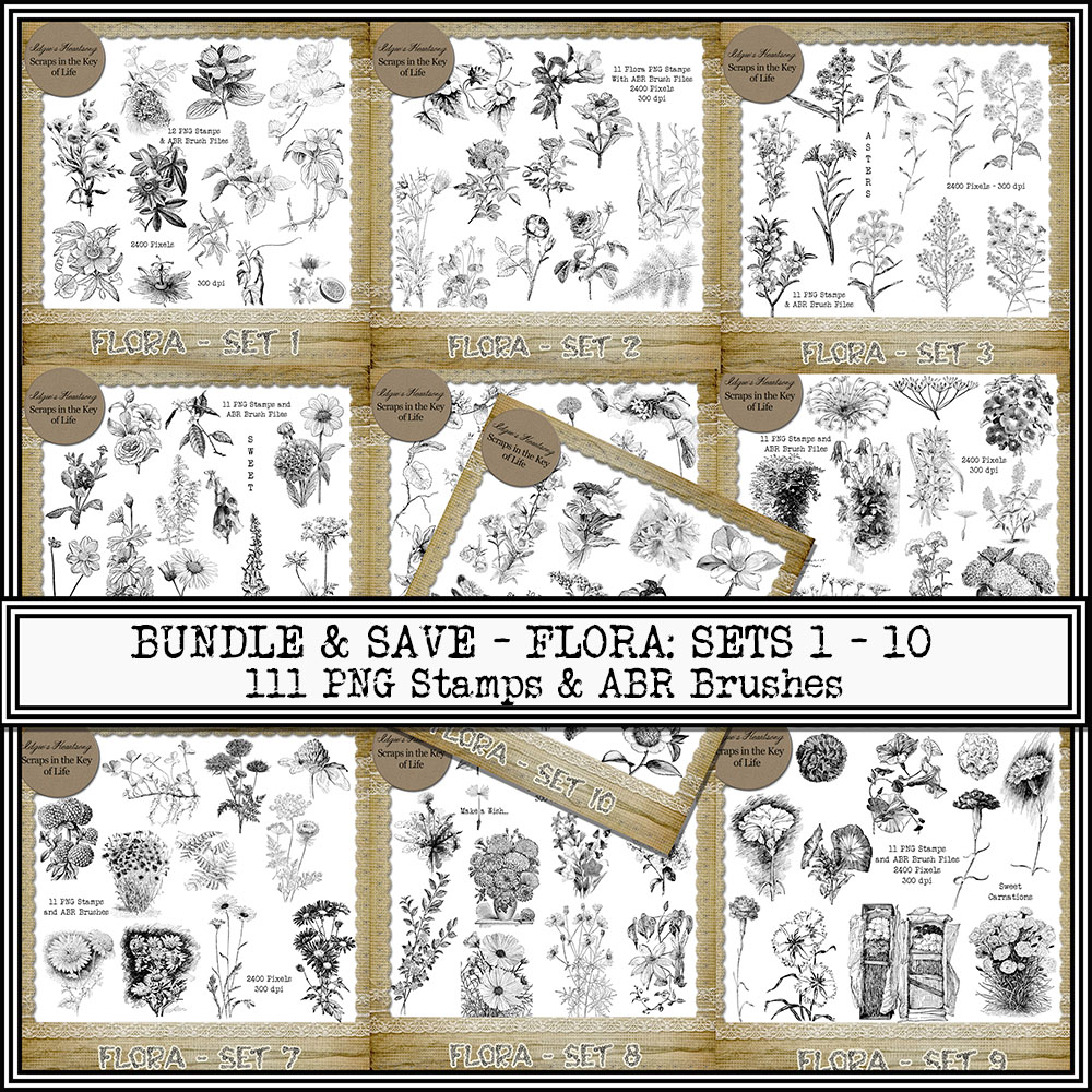 FLORA BUNDLE: Sets 1 to 10 - 111 PNG Stamps and ABR Brushes by Idgie's Heartsong
