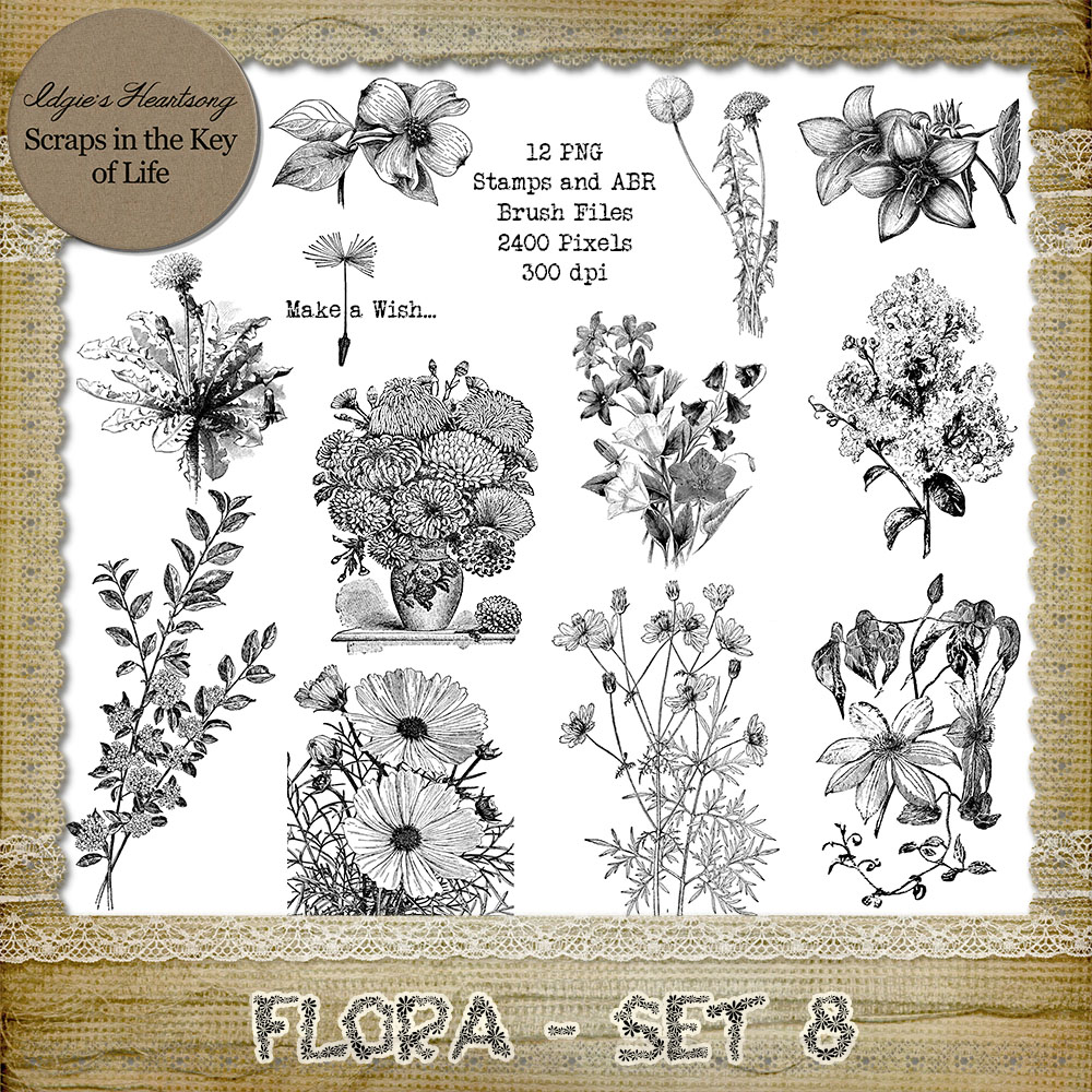 FLORA - Set 8 - 12 PNG Stamps and ABR Brush Files by Idgie's Heartsong