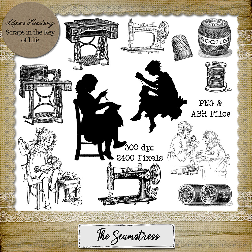The Seamstress - Stamps - Set 2 - 12 PNG Stamps & ABR Brushes by Idgie's Heartsong