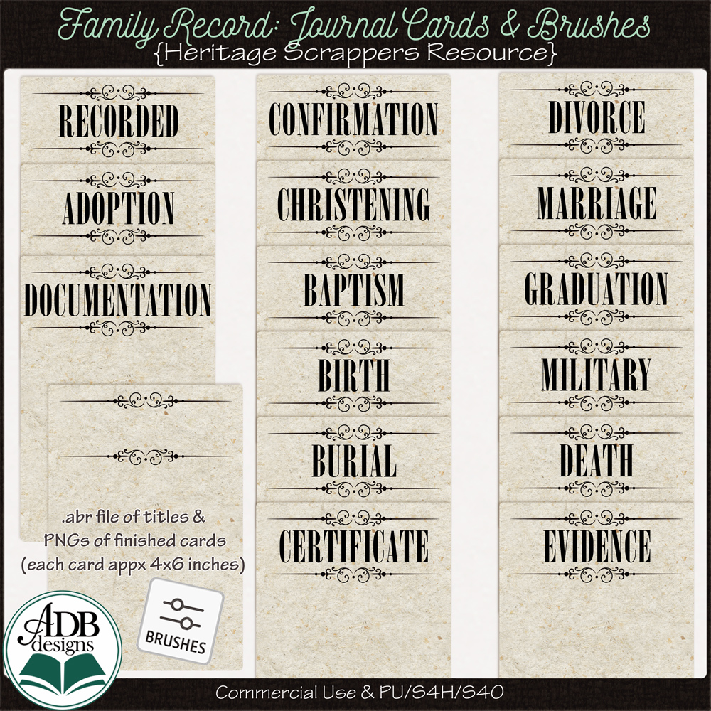 Heritage Resource Family Record Journal Cards & Brushes by ADB Designs CU/PU