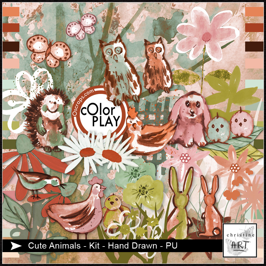 Cute Animals Kit hand drawn by Christine Art 