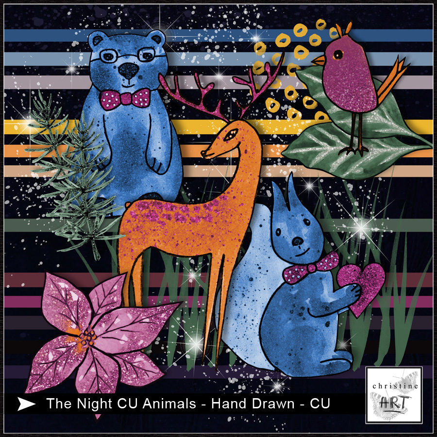 The Night CU Animals with glitter hand drawn by Christine Art