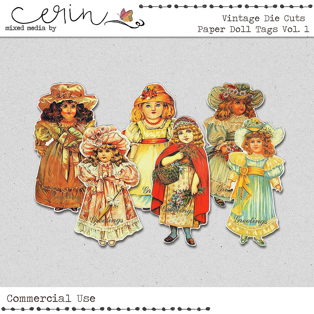 Vintage Paper Doll Tags Vol 1 (CU) by Mixed Media by Erin 