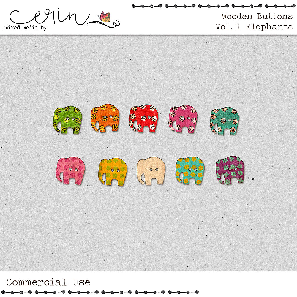 Wooden Buttons Vol 1: Elephants (CU) by Mixed Media by Erin