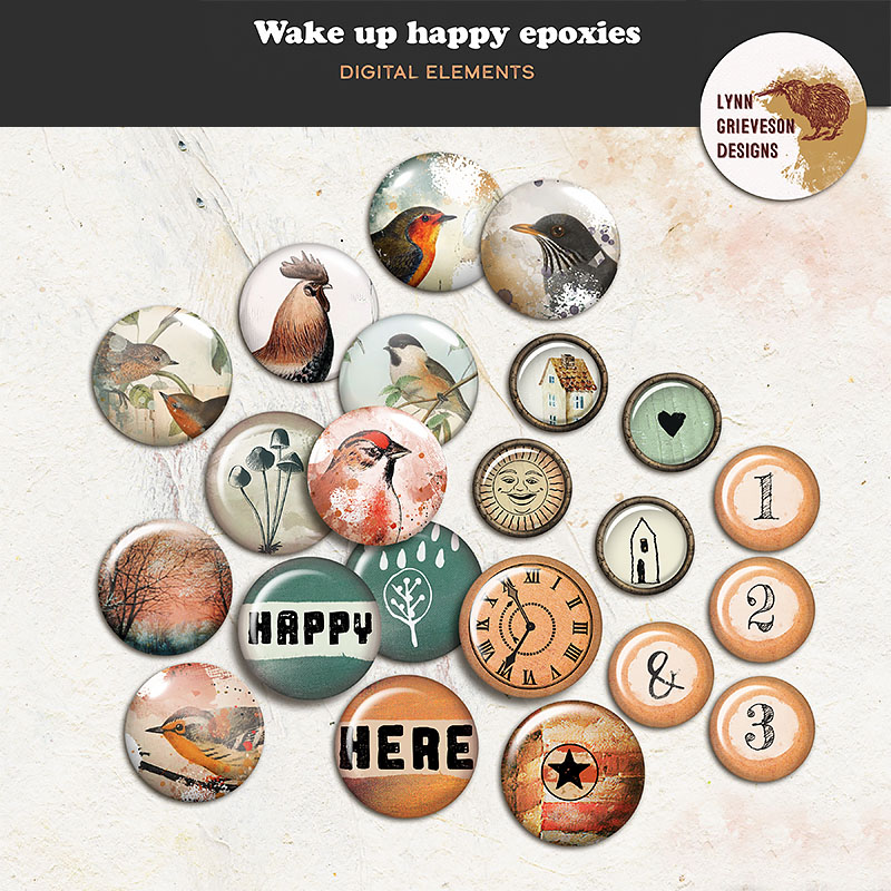 Wake Up Happy Digital Scrapbooking Epoxies and Glass Buttons