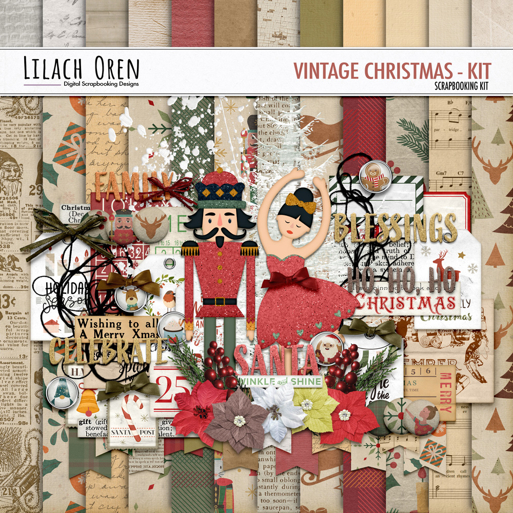 Digital Scrapbook Pack, Vintage Christmas Pattern Papers by Lilach Oren