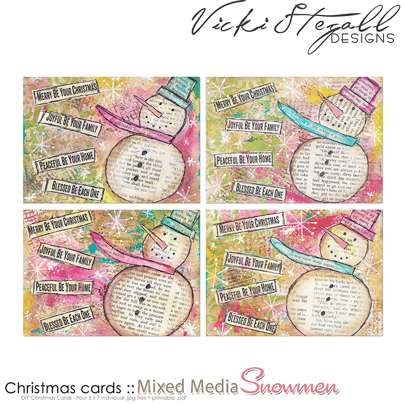 Christmas Cards - 5 x 7 - Mixed Media Snowman
