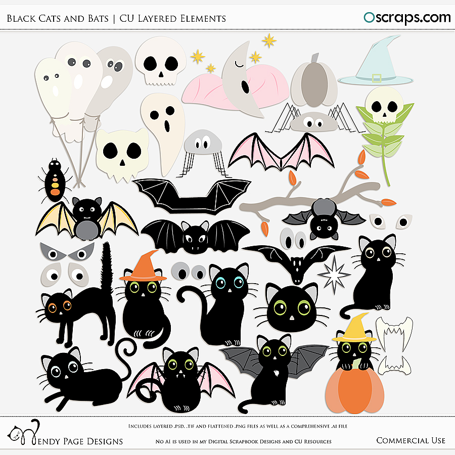 Black Cats and Bats Layered Elements (CU) by Wendy Page Designs 