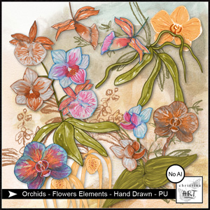 Orchids Flowers Elements hand drawn by Christine Art 