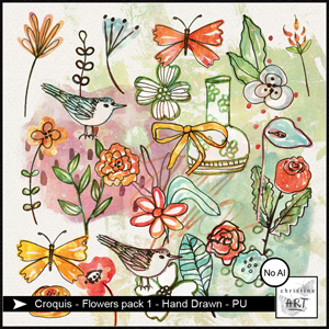 Croquis Flowers pack 1 Elements hand drawn by Christine Art 