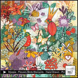 Myopia Flowers and Birds Elements hand drawn by Christine Art 