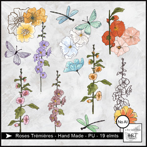 Roses Tremieres hand drawn by Christine Art 