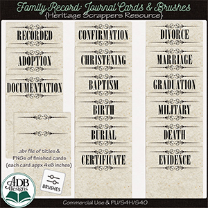Heritage Resource Family Record Journal Cards & Brushes by ADB Designs CU/PU