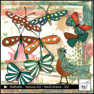 Daffodils Butterflies and various CU hand drawn by Christine Art